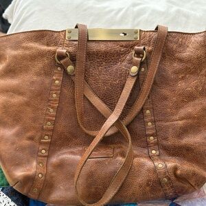 Chic Brown Leather Tote with Brass Accents